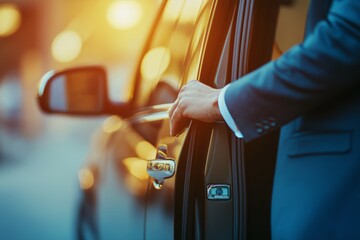 Businessman and chauffeur at car door for professional transport service and travel accommodation