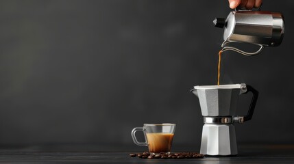 Hand pouring freshly brewed coffee from a Moka pot into a cup, with coffee beans scattered around. Morning coffee ritual.