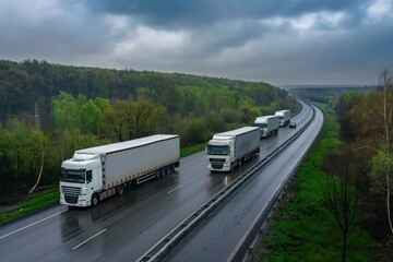 White truck convoy on highway  cargo transport concept in spring   freight service photography