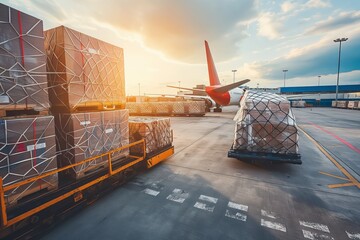 Loading air cargo containers onto modern freighter jet aircraft for shipment preparation at airport