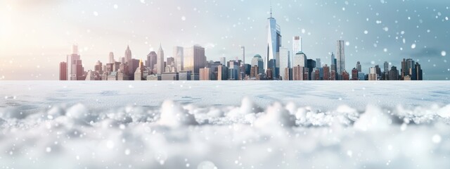  Cityscape with snowfall in foreground, blue sky in background