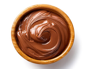 Nutella in wooden bowl isolated on white background