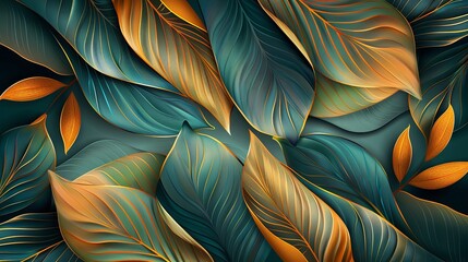 Fototapeta premium A vector illustration featuring a line art background of golden leaves with a luxurious gold and blue tidewater green color scheme. This abstract wallpaper design is ideal for prints, home decor,