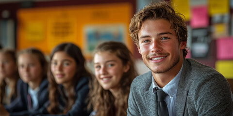Obraz premium a young schoolteacher posing in front of the camera, school environment at the age of 13-15 years