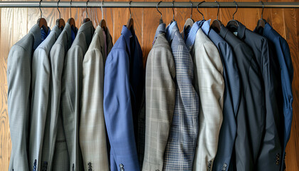 Dry-cleaning service. Many different clothes hanging on rack, space for text