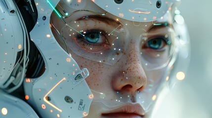 Experience the forefront of technological progress with our striking AI-robot face stock image. This carefully designed depiction skillfully merges the detailed realism of human features with cutting