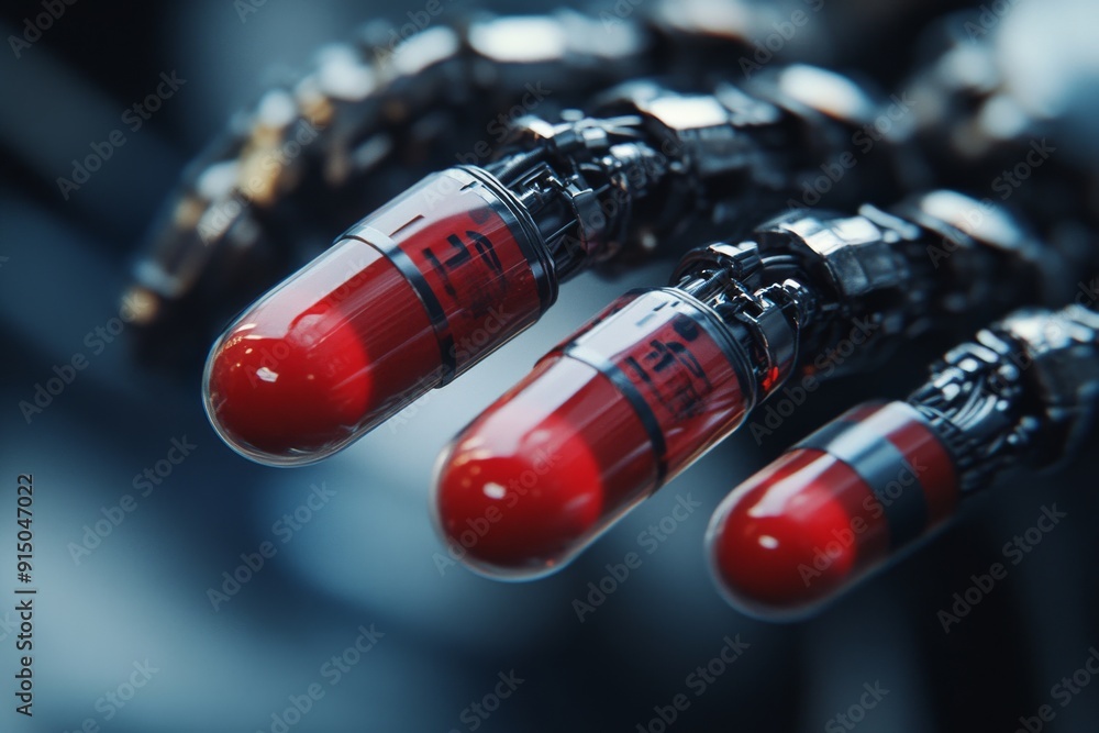 Poster close up of a robotic hand with red and black capsules embedded in its fingers representing the fusi