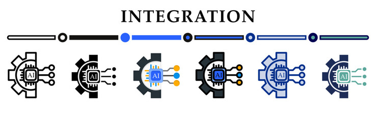 Integration icons set. 6 Various styles. For sign, symbol, element, presentation, infographic or web graphics. Vector Illustration.