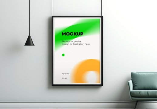 Framed Wall Poster Mockup in Minimal Living Room &ndash; Perfect for Interior Design, Branding or Artwork Display Presentations