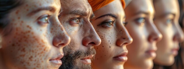 A collection of individuals, some men and some women, each bearing an array of freckles on their faces, gazing off in distinct directions