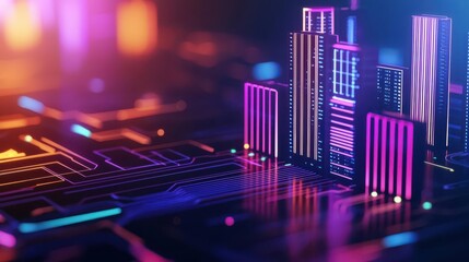 Illustration of a digital fortress with holographic walls protecting data streams, fantasy style, vibrant neon colors, copy space, focus cover all object, deep dept of field