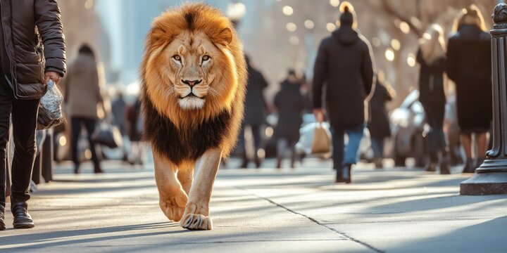 A photo of a majestic lion casually strolling through the city in New York City. Urban wildlife and animal encounters concept.