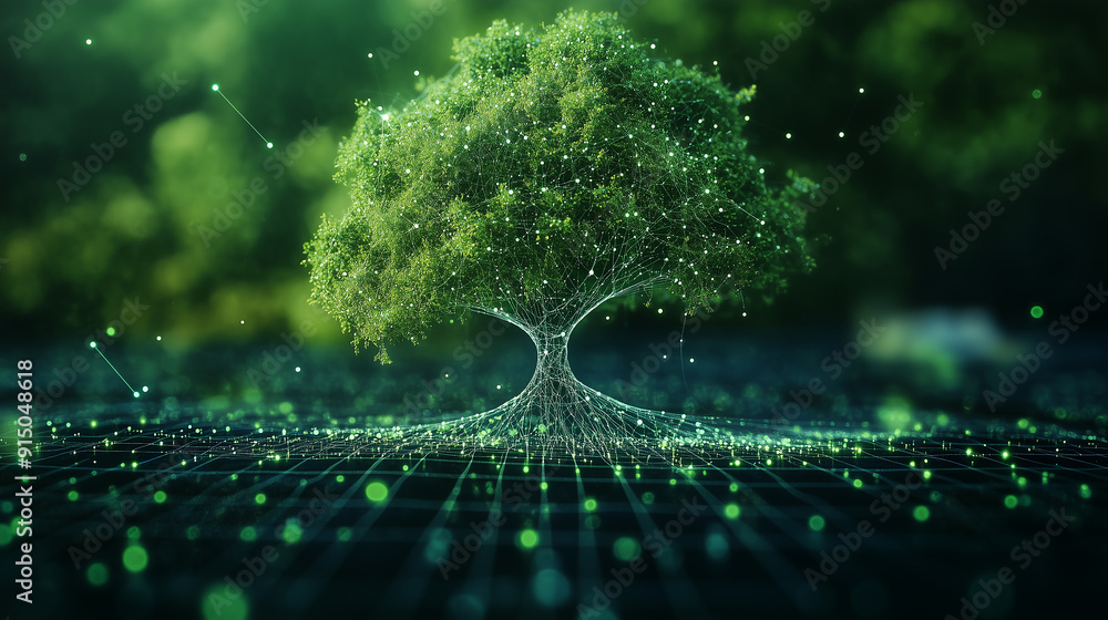 Poster a tree is shown in a digital image with a blue background. the tree is surrounded by a lot of small 