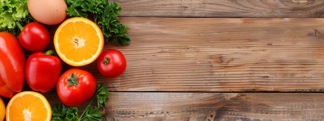  A collection of tomatoes, oranges, and eggs on a wooden table Green produce and eggs present in the background