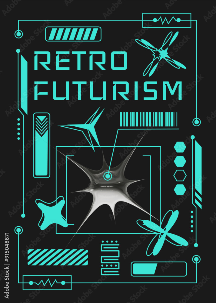 Poster cyberpunk poster with 3d element with chrome effect in y2k style. vector template for banner, post, 