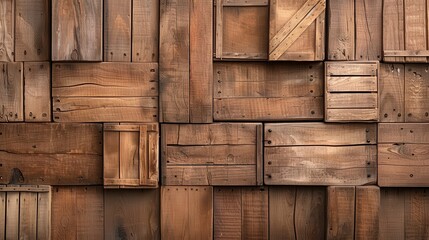 Detailed close-up of a wall made from rustic wooden crates, showcasing varied textures and rich earthy tones. Perfect for background and design elements.