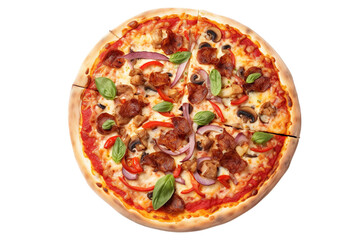A Deliciously Crafted Pizza Topped With Fresh Ingredients and Flavorful Meats in a Cozy Kitchen Setting on Transparent PNG Background..
