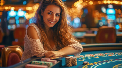 Fototapeta premium Woman Dealer Standing by Casino Table Playing Poker and Roulette