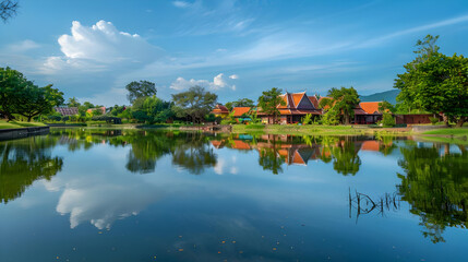 Obraz premium Tranquil Pond Reflecting Traditional Houses and Blue Sky Photo