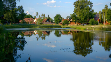 Obraz premium Tranquil Lakeside Scene with Reflections of Houses and Lush Greenery - Photo