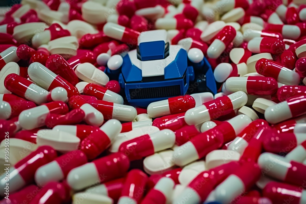 Poster red and blue capsules on a robotic assembly line highlighting the integration of technology and phar
