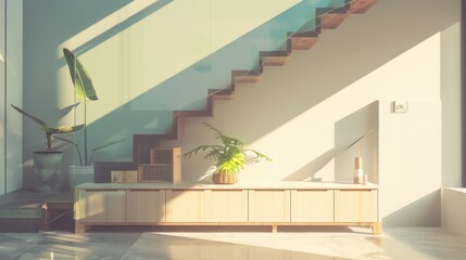 Fototapeta premium A modern interior featuring a minimalist staircase and a warm sunlit corner with green plants, combining functionality with aesthetics for a cozy living space.