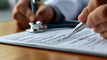A close-up shot of a hand signing a medical consent form, sleek pen in hand, stethoscope subtly placed nearby, medical office background, white desk, form details slightly blurred, soft lighting,