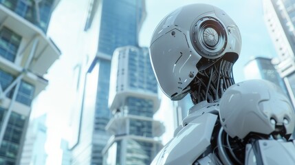 A futuristic robot with a sleek design stands against a backdrop of modern skyscrapers, symbolizing advanced technology and the future of urban development.