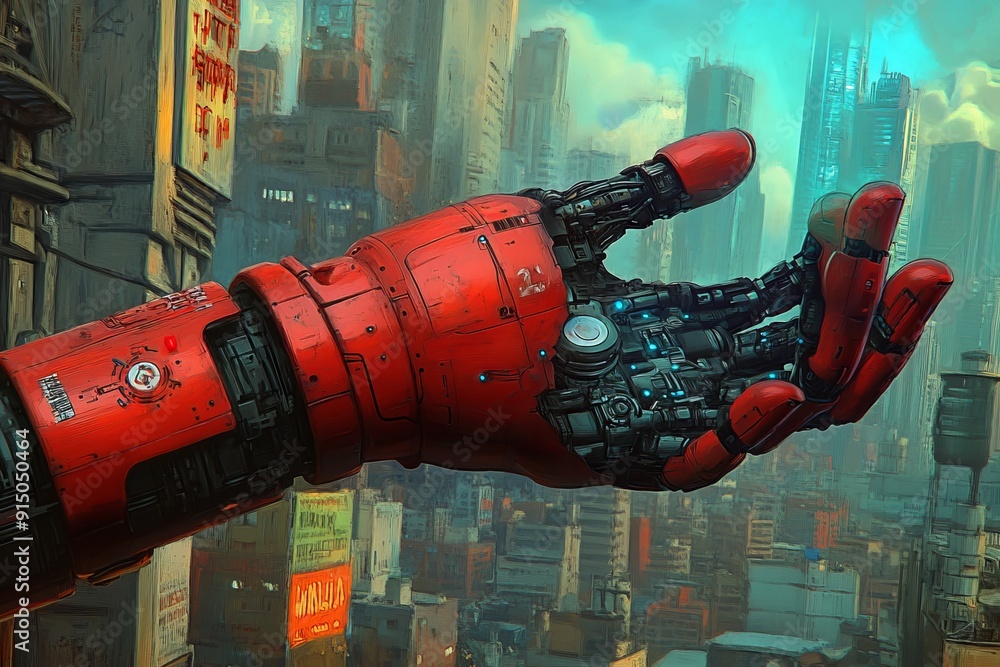 Poster futuristic red robotic arm reaching out in a dystopian setting illustrating themes of hope and resil