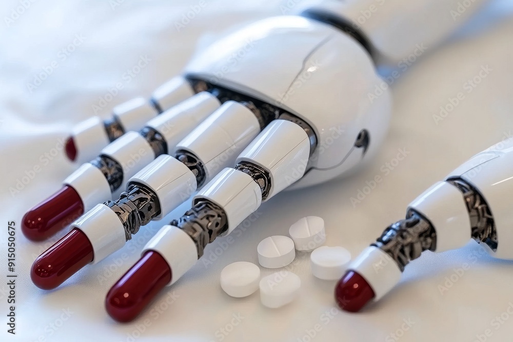 Poster white robotic hand adorned with red nails merging the boundaries of technology and human like aesthe