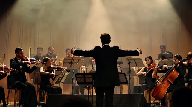 Back rear View of Conductor Directing Symphony Orchestra with Musician Performers Playing Violins, Cello and Trumpet on Classic Theatre with Curtain Stage During live Music Concert.