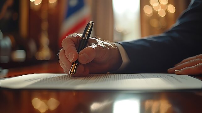A close-up shot of a hand signing an official government contract, sleek fountain pen in hand, national flag visible in the background, formal office setting, wooden desk,