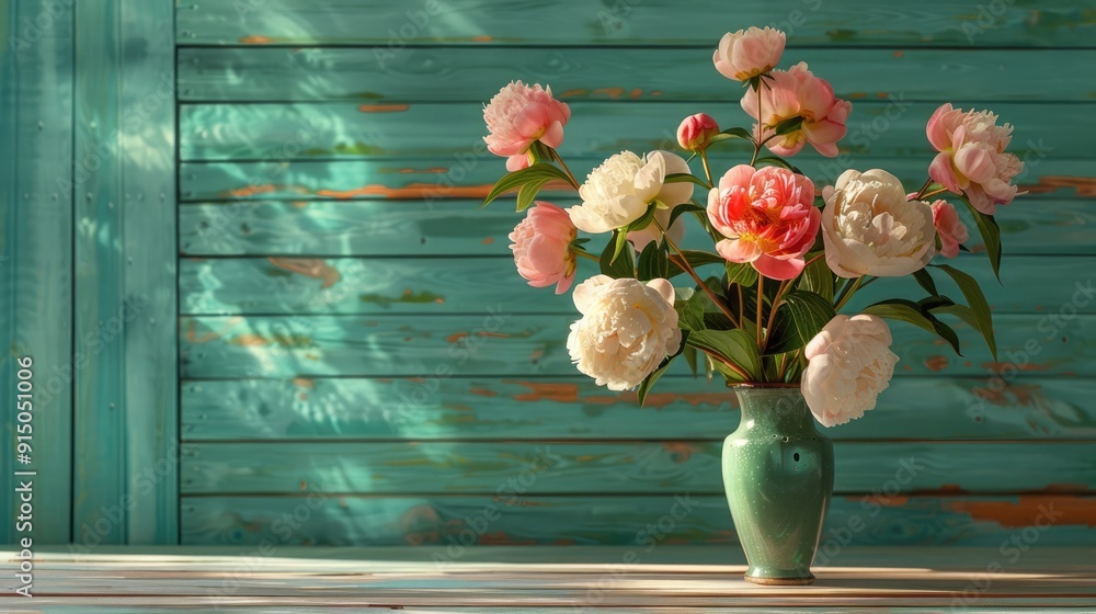 Canvas Prints Peony flowers in vase on table with green wooden wall background