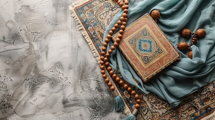Photo of a prayer mat with an Quran and rosary on top