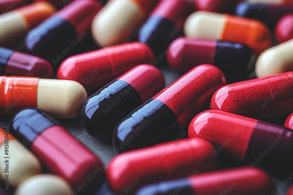 Poster a pile of red and white capsules with a robotic arm in the background highlighting automated drug di