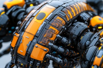 Fototapeta premium Detailed view of a high tech robotic torso featuring intricate engineering and futuristic design elements
