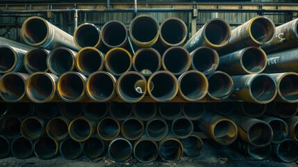 A collection of industrial metal pipes is stacked neatly, showcasing various sizes within a warehouse setting, emphasizing their utilitarian purpose and design.