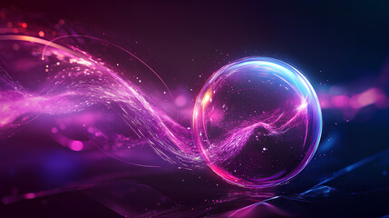 Futuristic abstract neon energy ball with glowing magical waves on dark background 