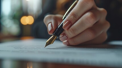 A hand signing a high-level executive contract, elegant fountain pen in action, professional office background, wooden desk, document slightly blurred, soft lighting highlighting pen and hand,