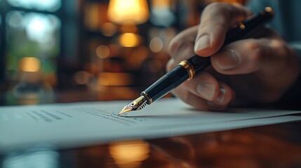 A hand signing an important executive contract, high-end fountain pen, professional office atmosphere, wooden table with sleek finish, pen tip touching paper, shadows adding depth, hd quality,