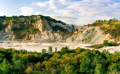 Fototapeta premium landscape of Plegrean volcano fields in Naples Italy near Pompeii with sulfur yellow caldera duribg eruption of smoke. campi Flegrei and cataclysm of Earthquake