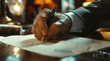 Close-up of a hand using a fountain pen to sign a confidential report, secure stamp visible, office setting, wooden desk, report text slightly out of focus, pen gleaming under office lights,