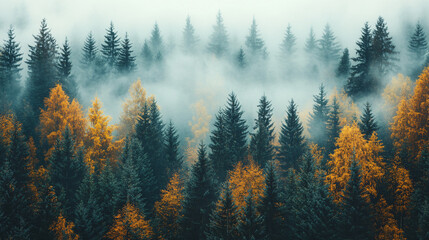 A misty coniferous forest in autumn, with tranquil view of fir trees and pines in wild northern nature.