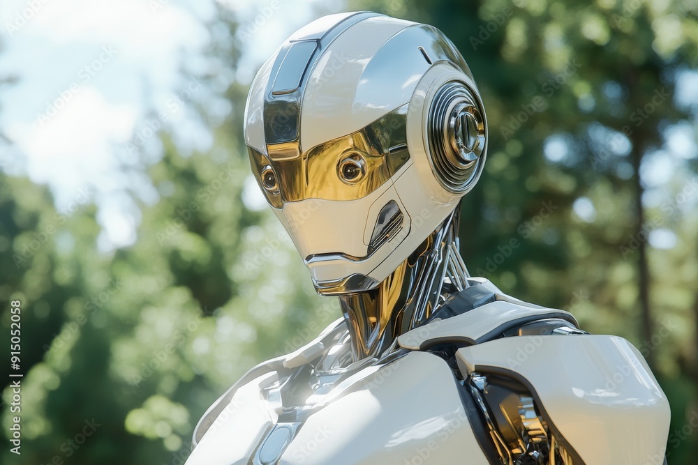 Poster futuristic silver robot in an urban environment symbolizing the blend of advanced robotics with ever