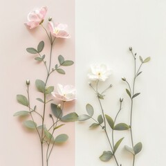 Naklejka premium Delicate pink and white flowers arranged with gentle leaves against a soft pastel background