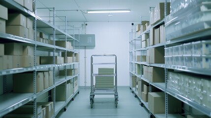 An organized warehouse with shelves stocked with boxes, centered around a cart loaded with packages under soft fluorescent lighting.