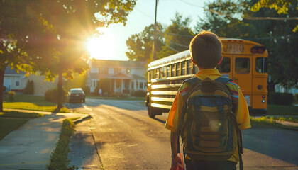 School bus picking up children, Monday morning, start of the school week