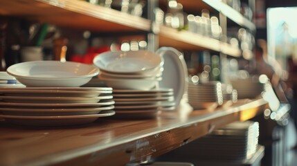 Obraz premium A rustic kitchen scene with neatly stacked white plates on a wooden shelf, softened by warm, natural light.