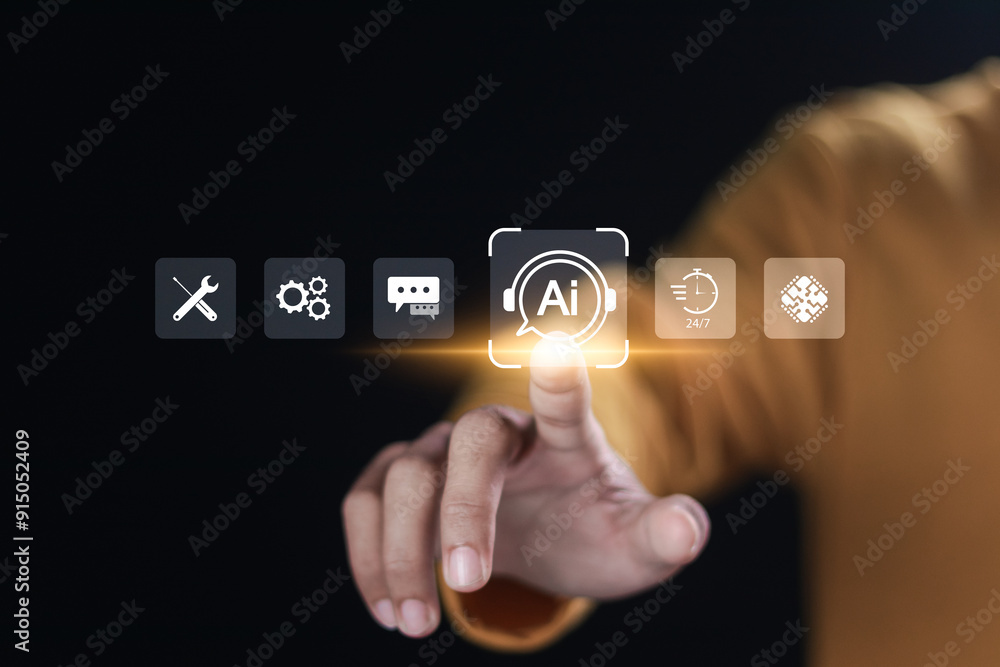 Poster technical support center customer service by ai, digital chatbot, robot application, conversation as