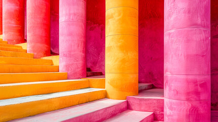 Modern architecture showing colorful pink and orange stairs and pillars